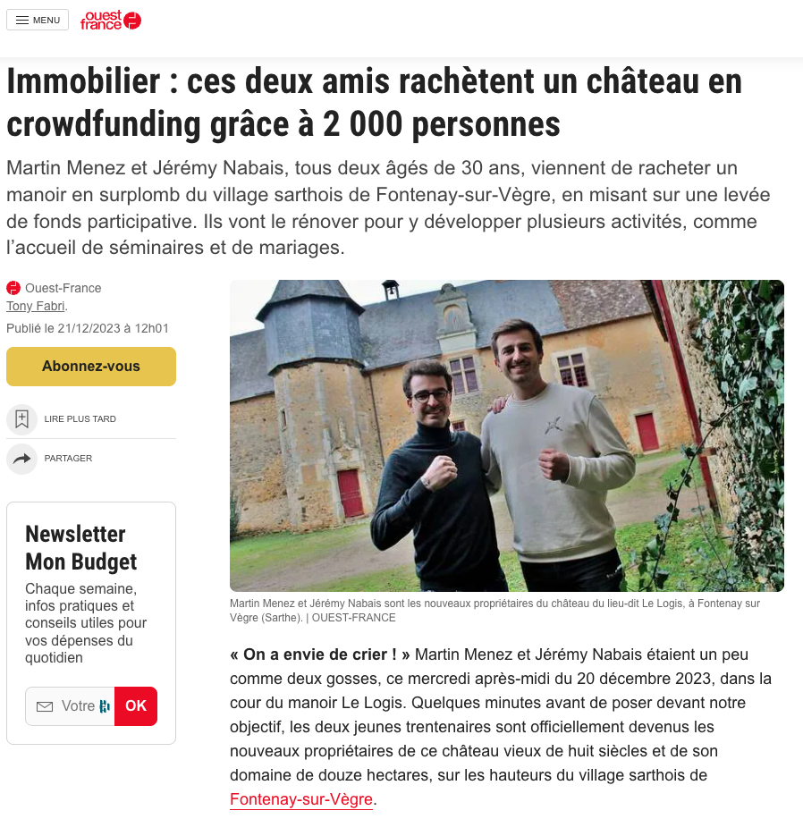 Article Ouest-France : ces deux amis rachètent un château en crowdfunding